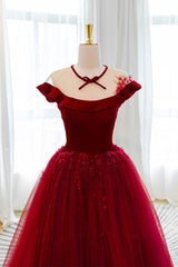 Burgundy Velvet Formal Dress Tulle Lace Long Evening Dress