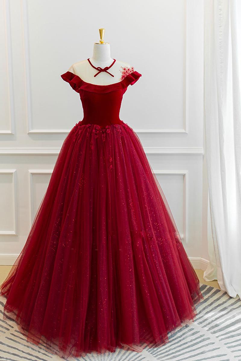 Burgundy Velvet Formal Dress Tulle Lace Long Evening Dress