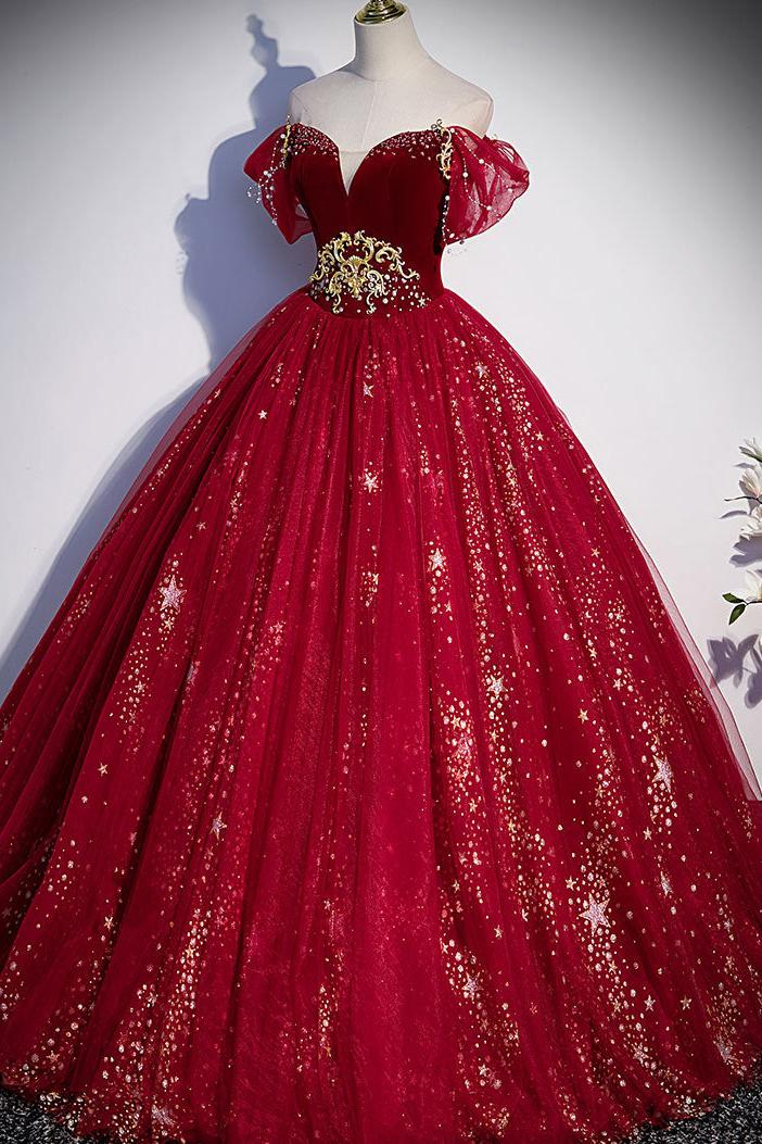 Burgundy Velvet Formal Dress Tulle Sequin Long Evening Dress