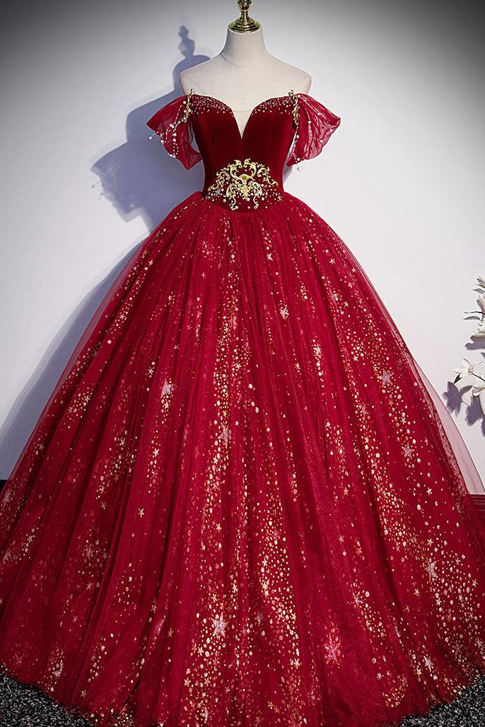 Burgundy Velvet Formal Dress Tulle Sequin Long Evening Dress