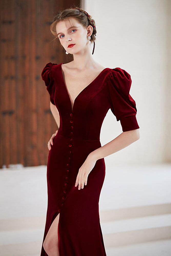 Dressystars Burgundy Velvet Formal Dress V Neck Long Christmas Party Dress Dressystars Burgundy Velvet Formal Dress V Neck Long Christmas Party Dress