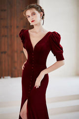 Burgundy Velvet Formal Dress V Neck Long Christmas Party Dress