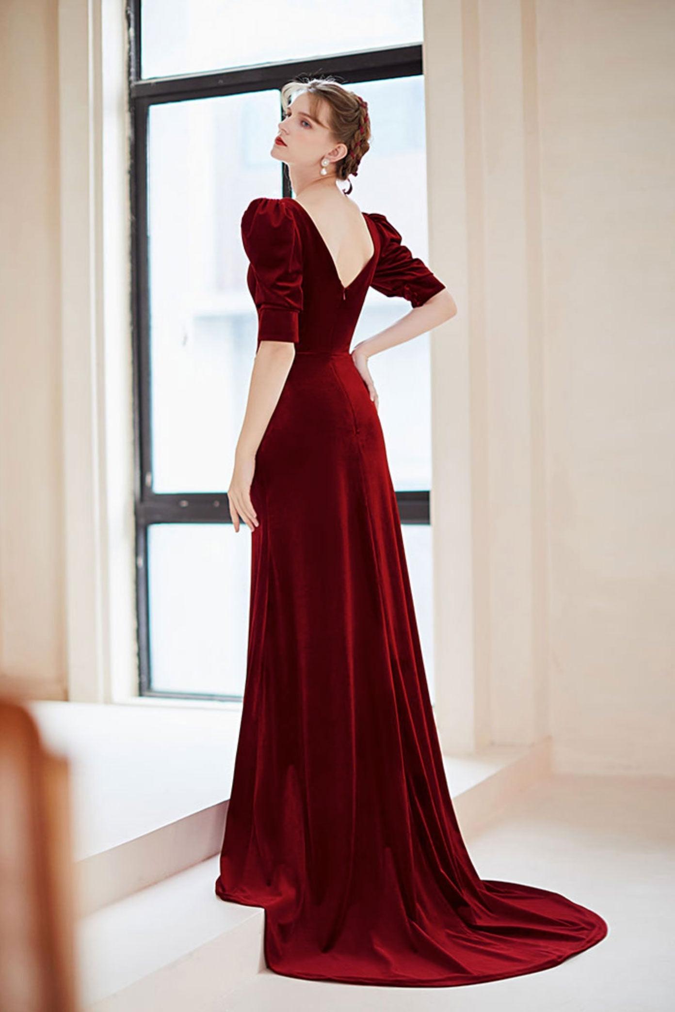 Burgundy Velvet Formal Dress V Neck Long Christmas Party Dress Burgundy Velvet Formal Dress V Neck Long Christmas Party Dress