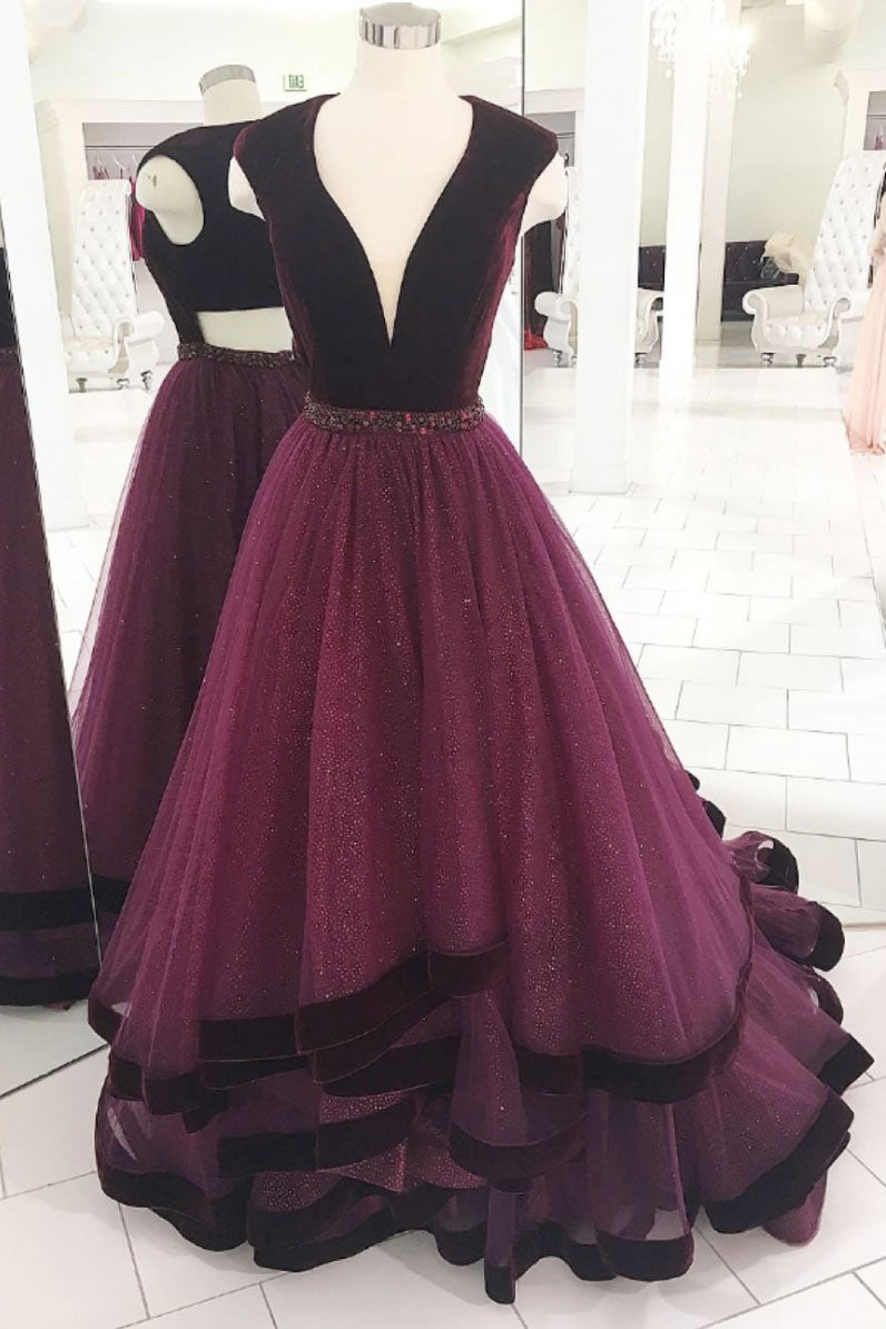 Burgundy Velvet Formal Dress V Neck Tulle Long Evening Dress