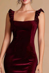 Dressystars Burgundy Velvet Mermaid Midi Prom Dress With Ruffles