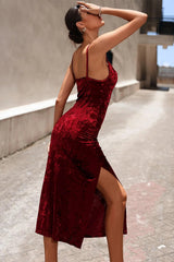 Burgundy Velvet Party Dresses with Slit