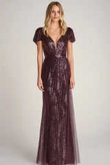 Burgundy Wedding Guest Dress Long Sheath Ankle Neck Formal Dress With Cap Sleeves