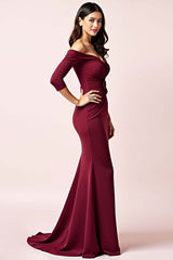 Burgundy Wedding Guest Dress Off The Shoulder Long Sleeves Ruched Formal Dress