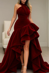 Dressystars Burgundy Velvet Dress High Low Halter Neck Ruffled Formal Evening Dress