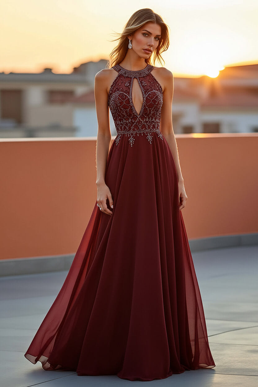Dressystars Beaded Navy Wedding Guest Dress Halter Long Formal Dress With Embroideries