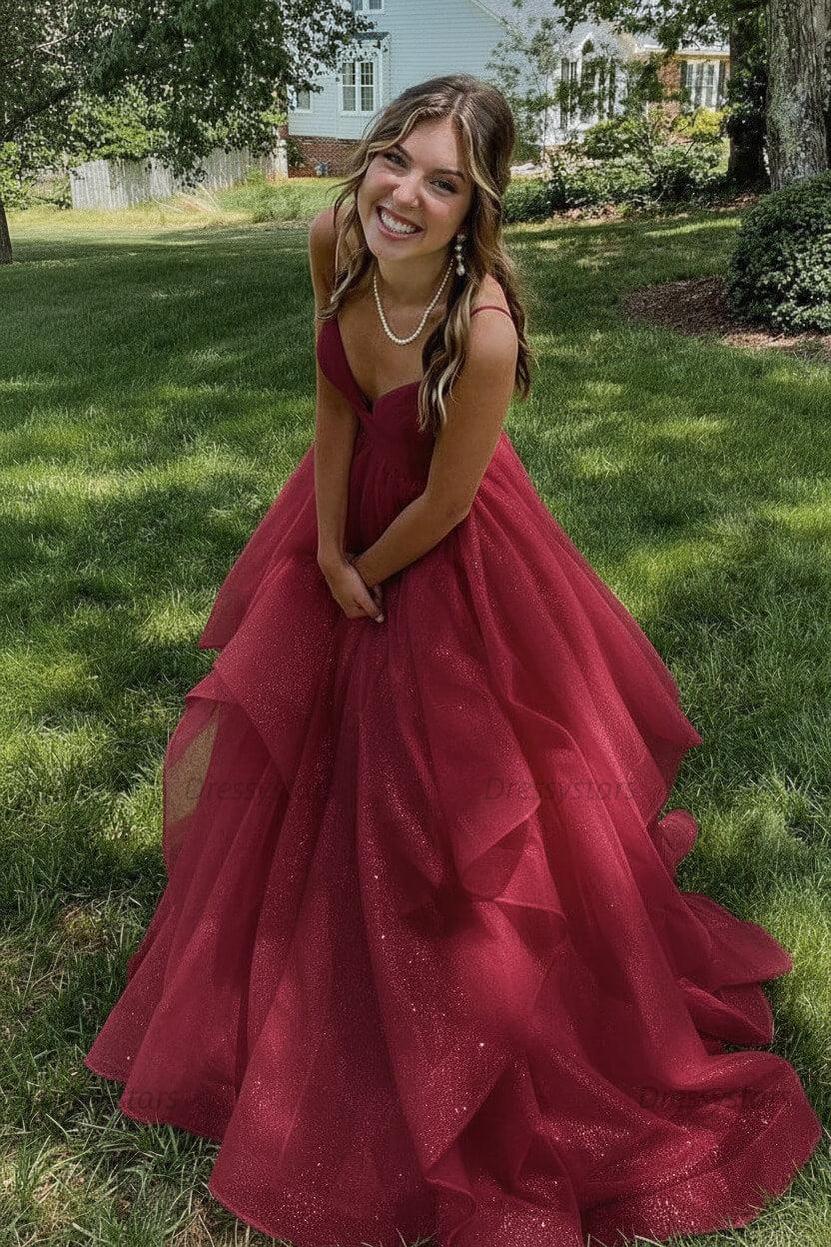 Pink Prom Dress V Neck Tulle Long Formal Evening Dress