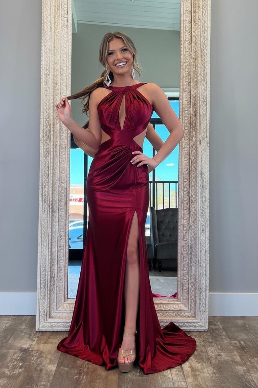 Fuchsia Metallic Mermaid Prom Dress With Slit And Open Back Formal Evening Gown