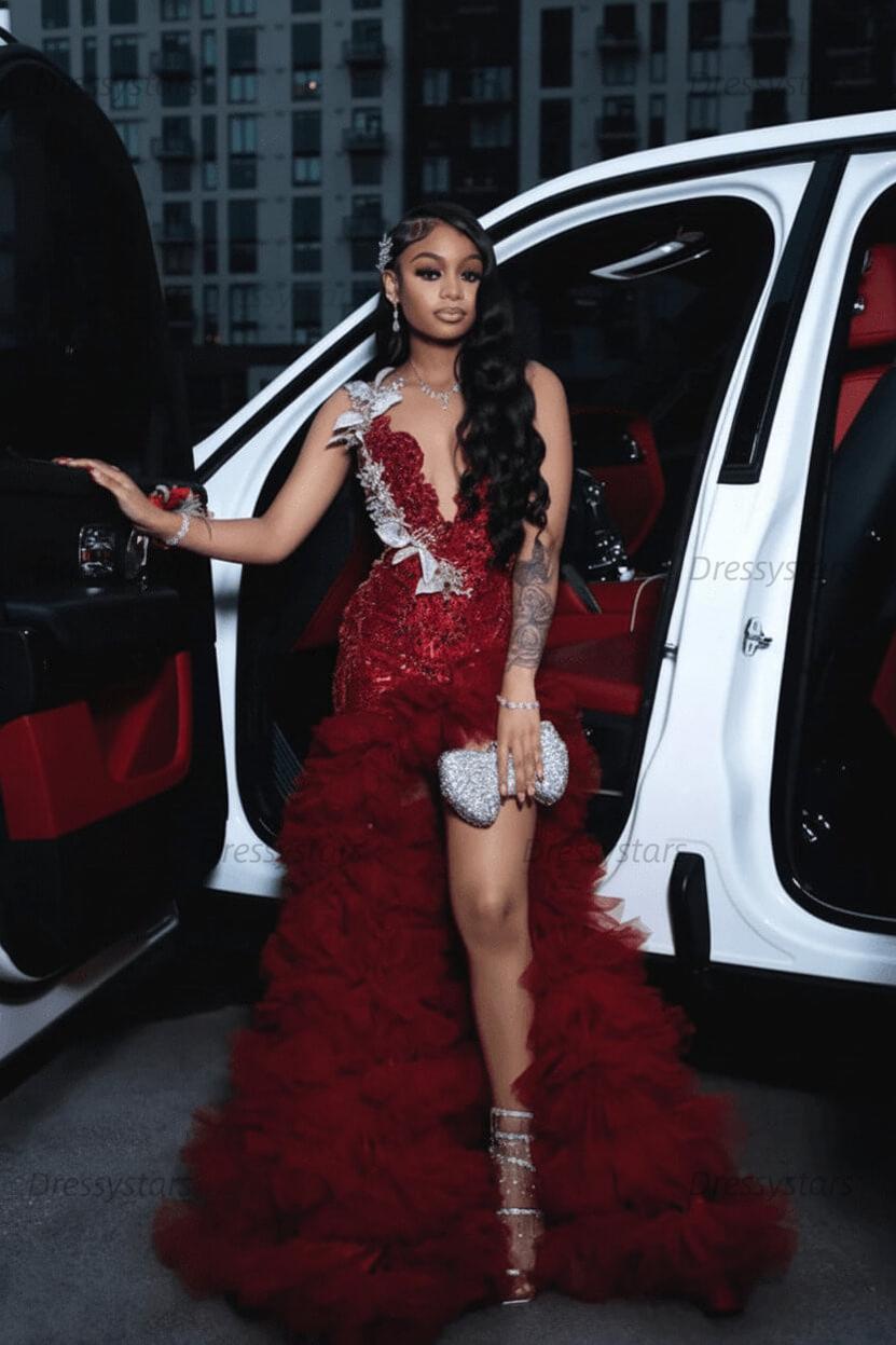 Red Tulle Sequined Prom Dress Ruffled V Neck Formal Evening Gown with 3D Flowers