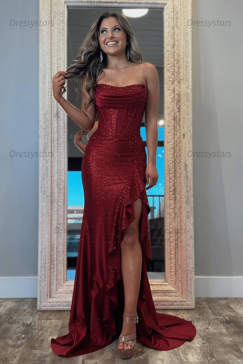 Orange Prom Dress Strapless Corset Long Evening Dress with Slit
