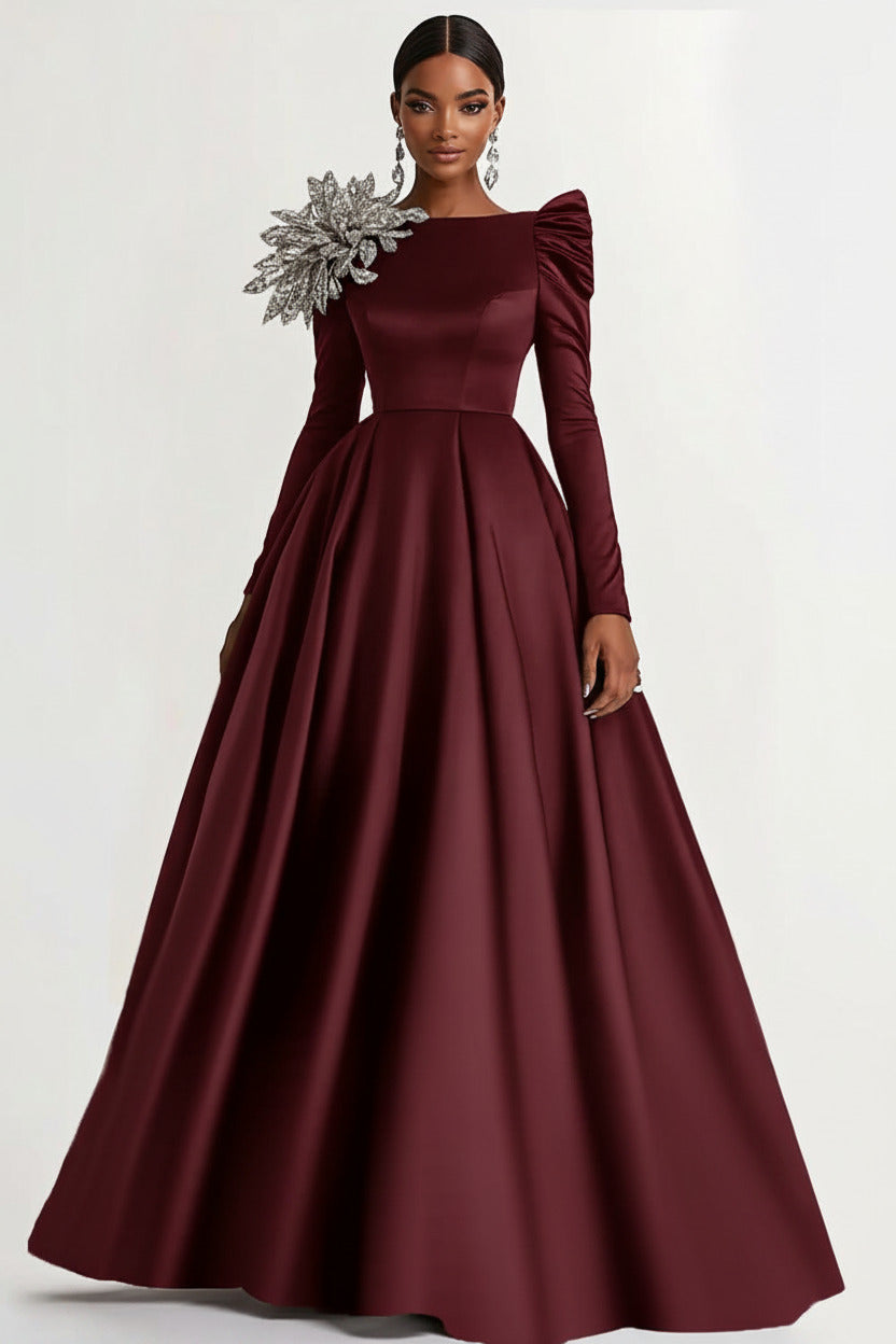 Dressystars A-Line Long Black Wedding Guest Dress Satin Boat Neck Formal Dress With Long Sleeves