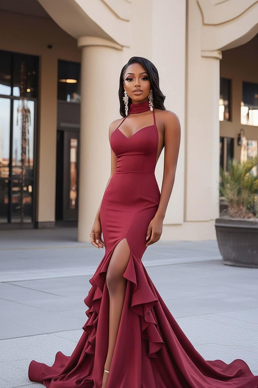 Dressystars Black Wedding Guest Dress Ruffled Mermaid Long Prom Dress With Slit