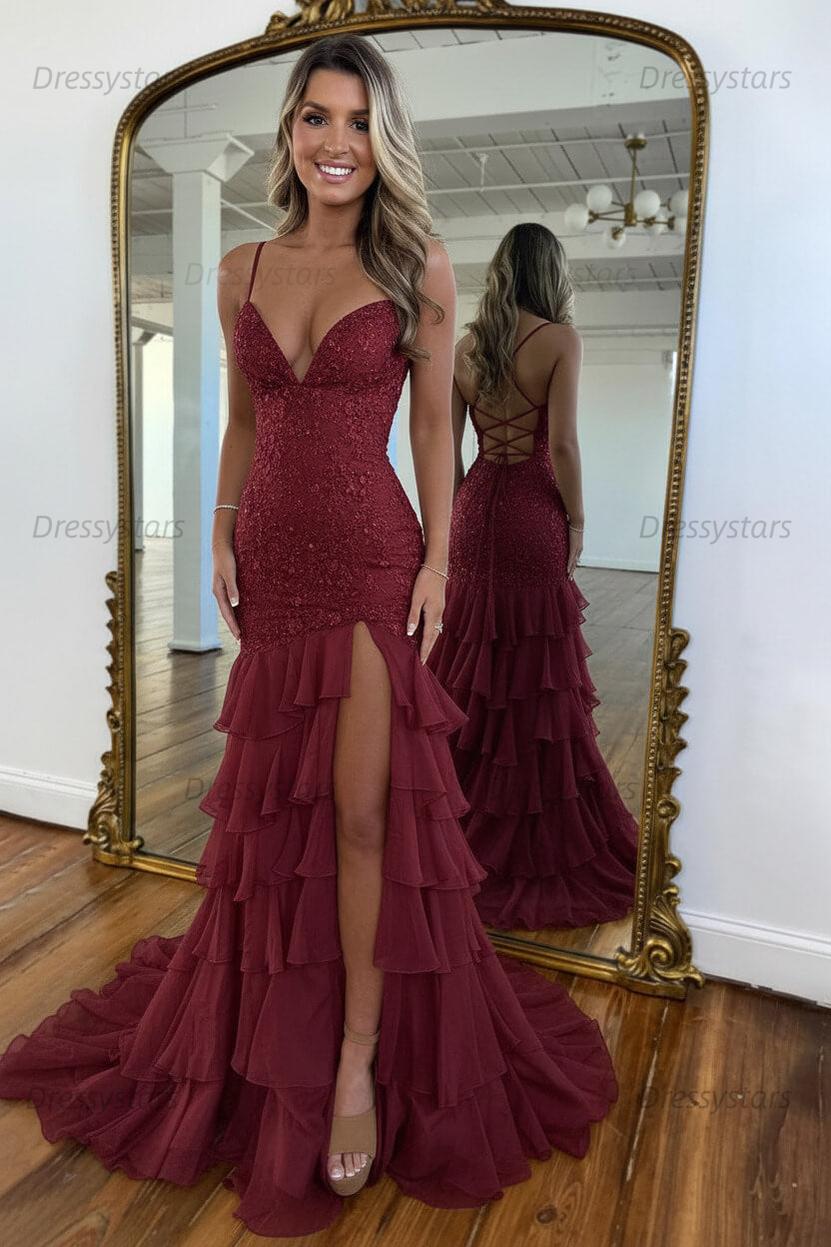 Dressystars Yellow Mermaid Spaghetti Straps Lace Up Long Prom Dress With Ruffle Skirt Formal Evening Gown