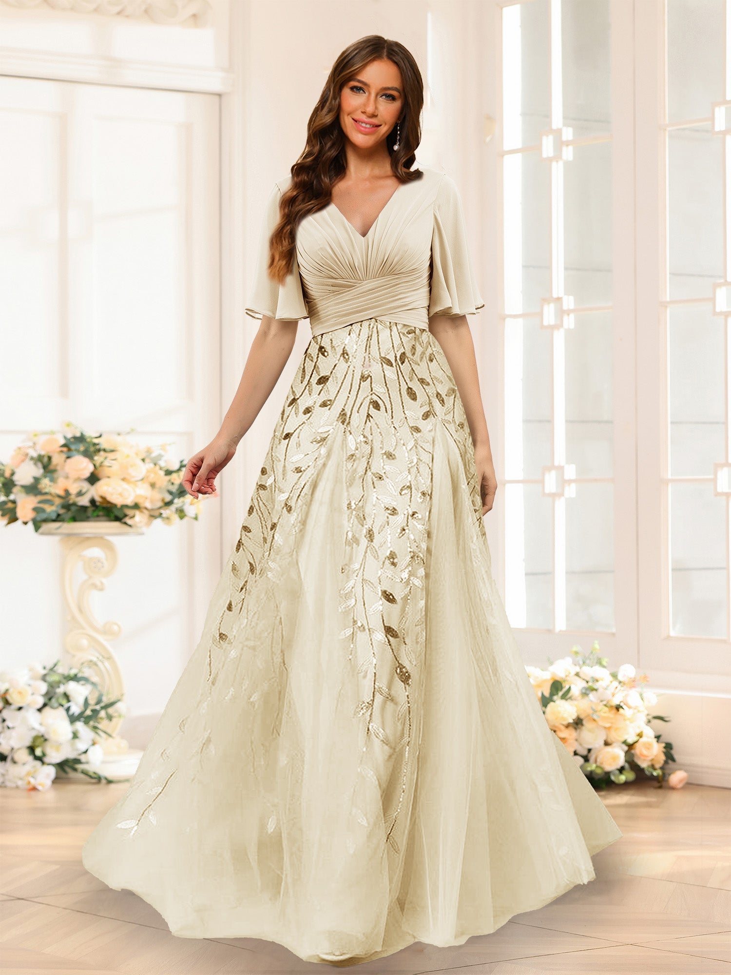 A-Line V-Neck Half Sleeves Split Side Chiffon Bridesmaid Dresses With Appliques Champagne