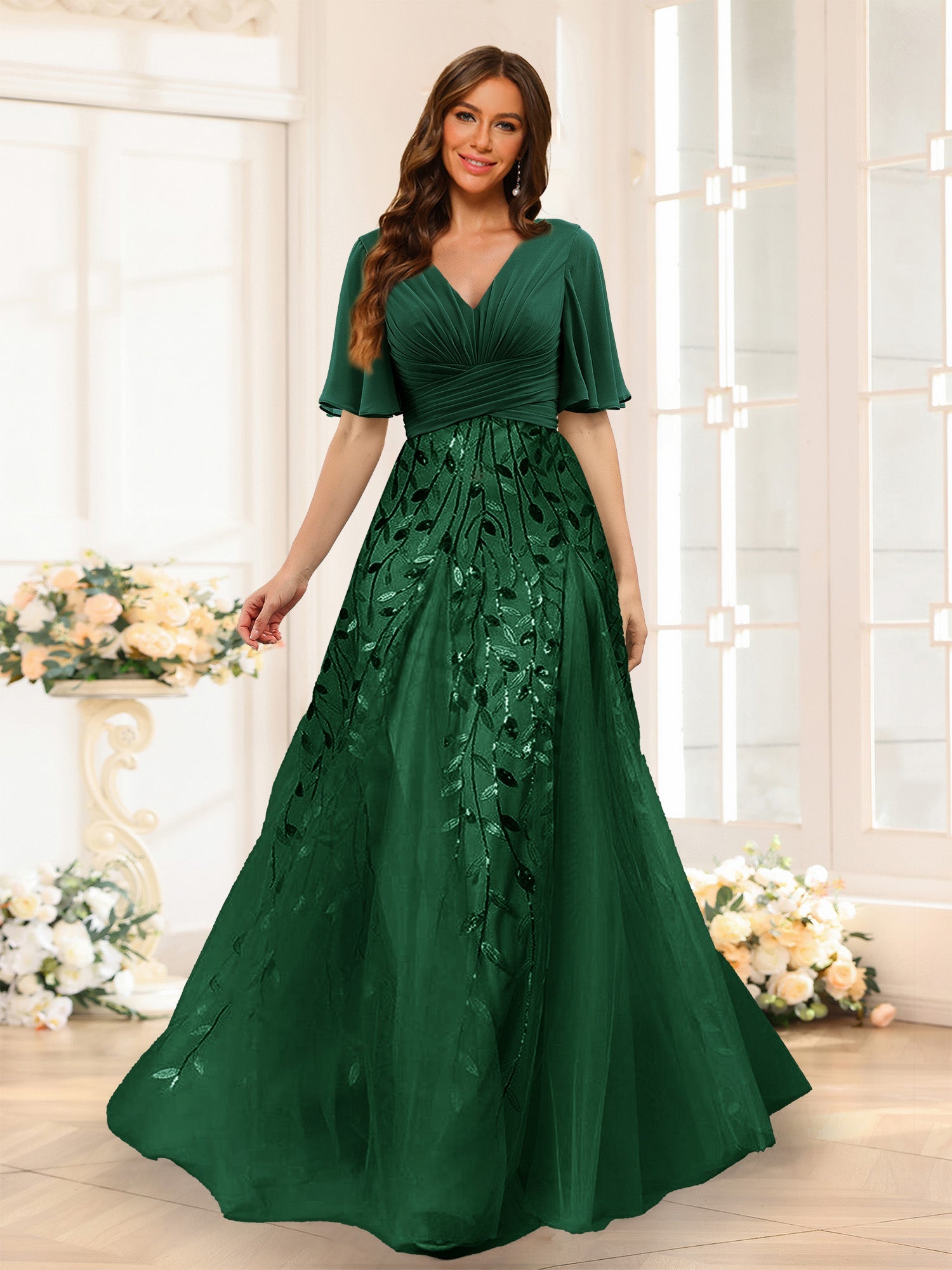 A-Line V-Neck Half Sleeves Split Side Chiffon Bridesmaid Dresses With Appliques Dark Green