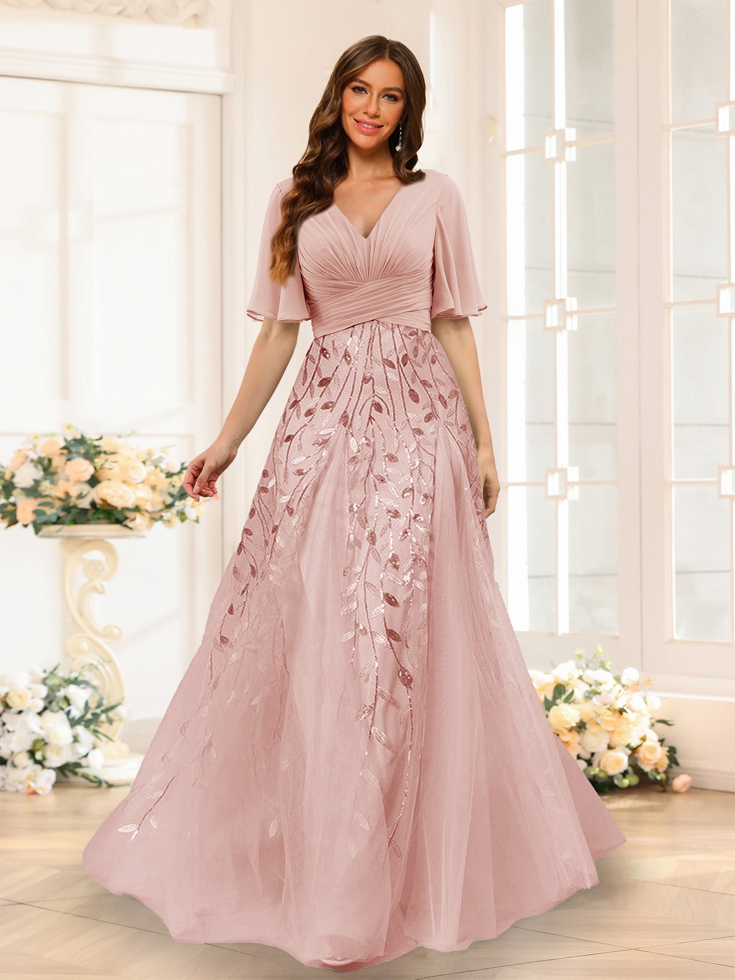 A-Line V-Neck Half Sleeves Split Side Chiffon Bridesmaid Dresses With Appliques Dusty Rose