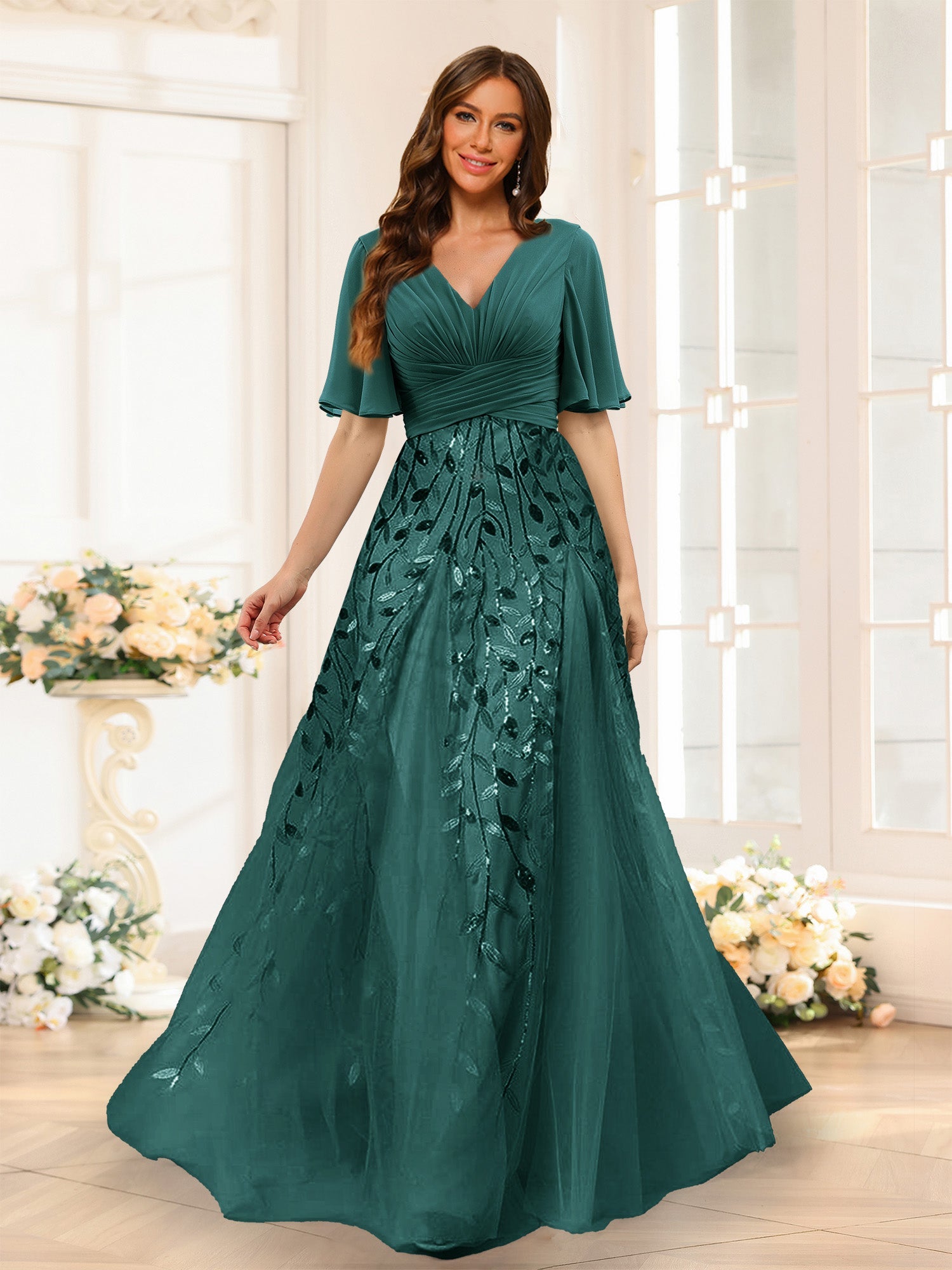 A-Line V-Neck Half Sleeves Split Side Chiffon Bridesmaid Dresses With Appliques Hunter Green