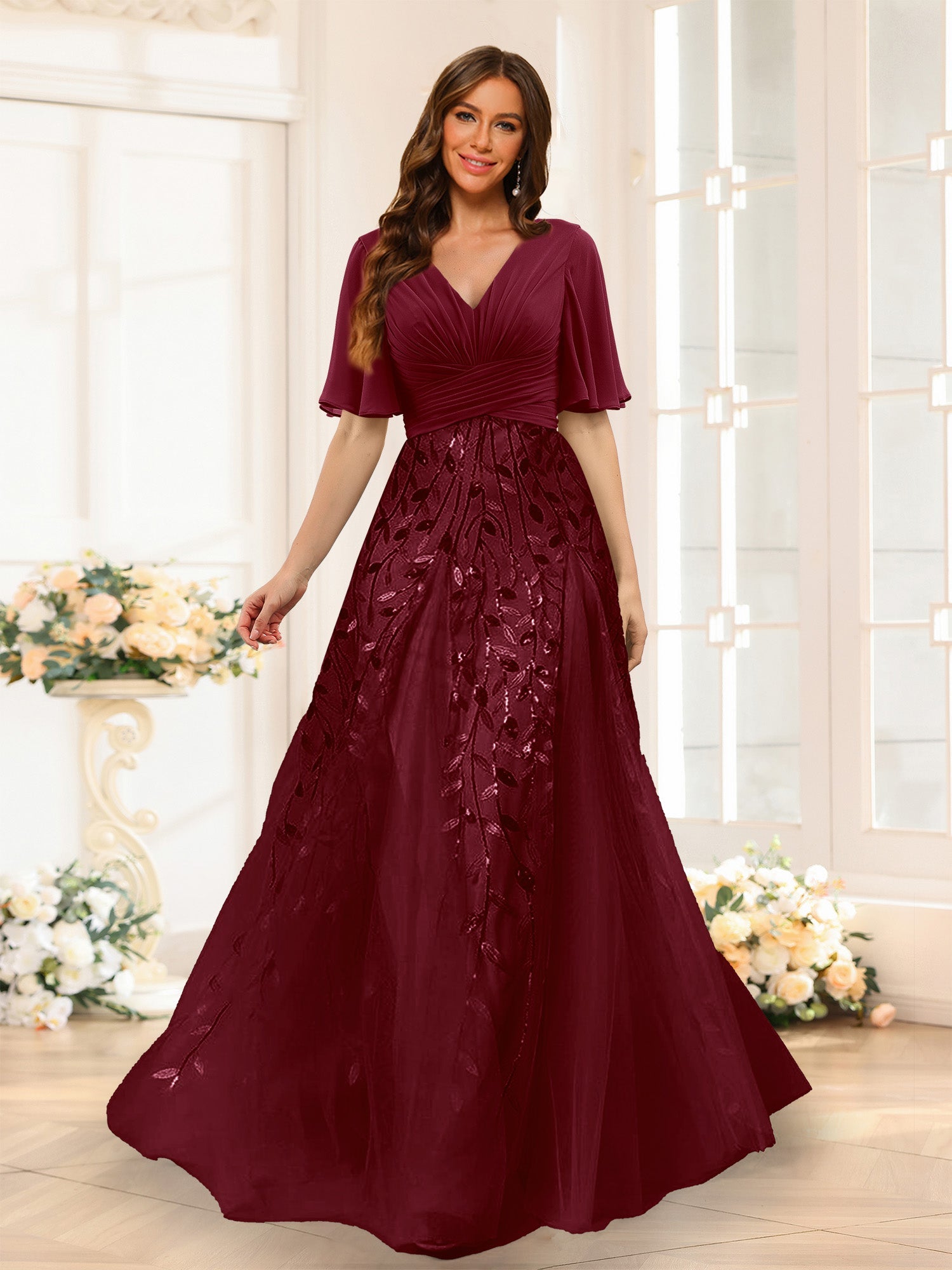 A-Line V-Neck Half Sleeves Split Side Chiffon Bridesmaid Dresses With Appliques Light Burgundy