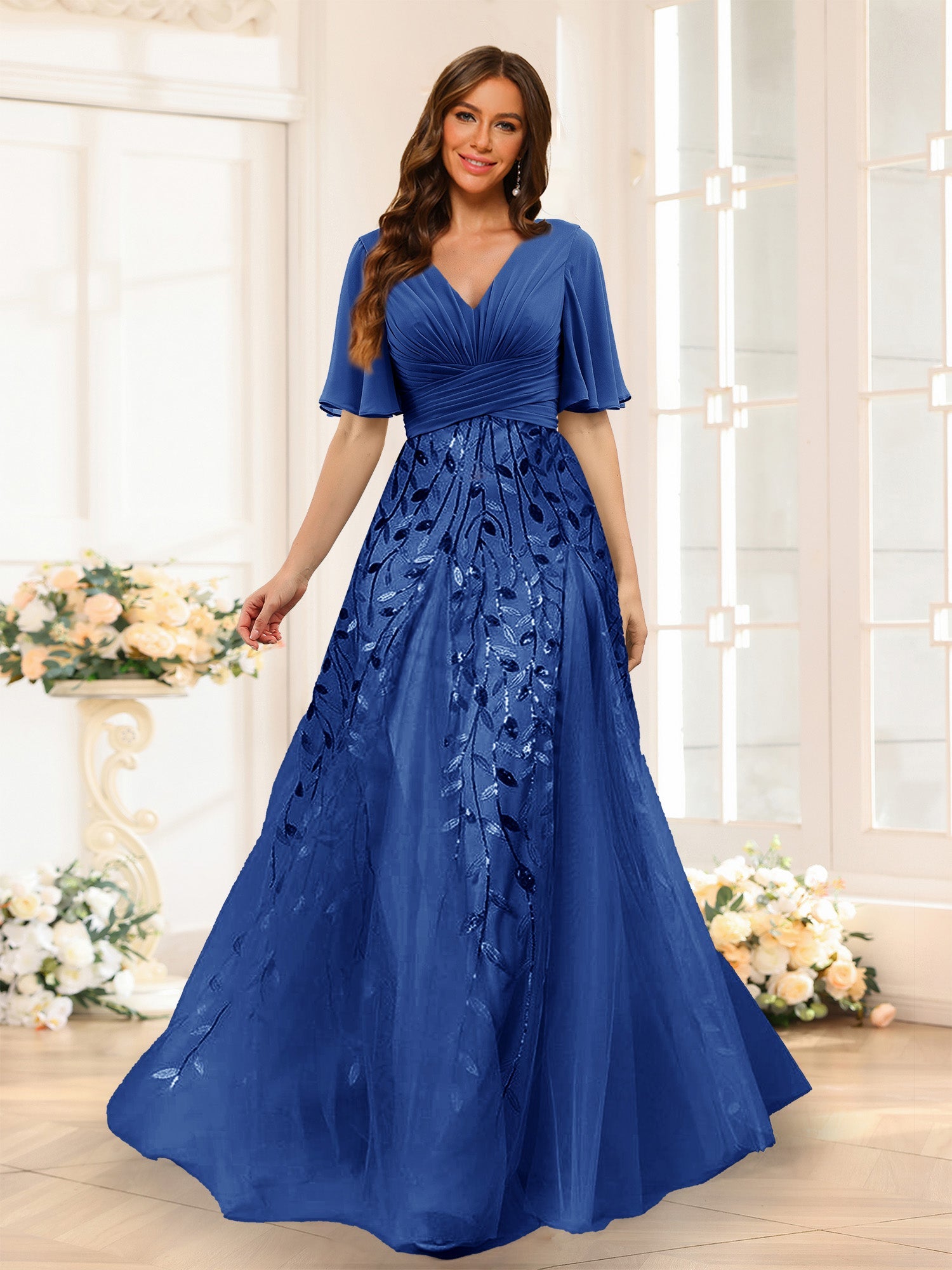 A-Line V-Neck Half Sleeves Split Side Chiffon Bridesmaid Dresses With Appliques Light Royal Blue