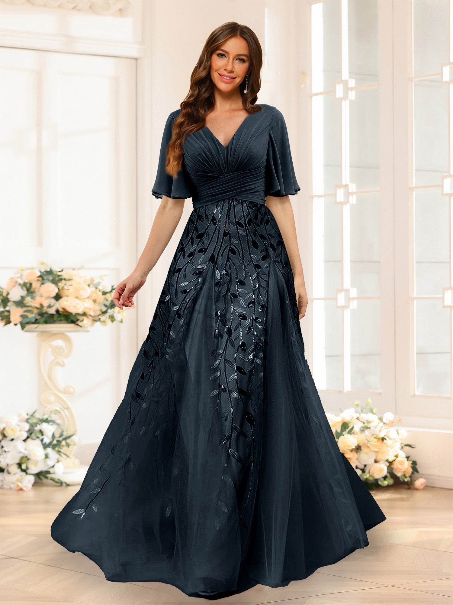 A-Line V-Neck Half Sleeves Split Side Chiffon Bridesmaid Dresses With Appliques Navy Blue