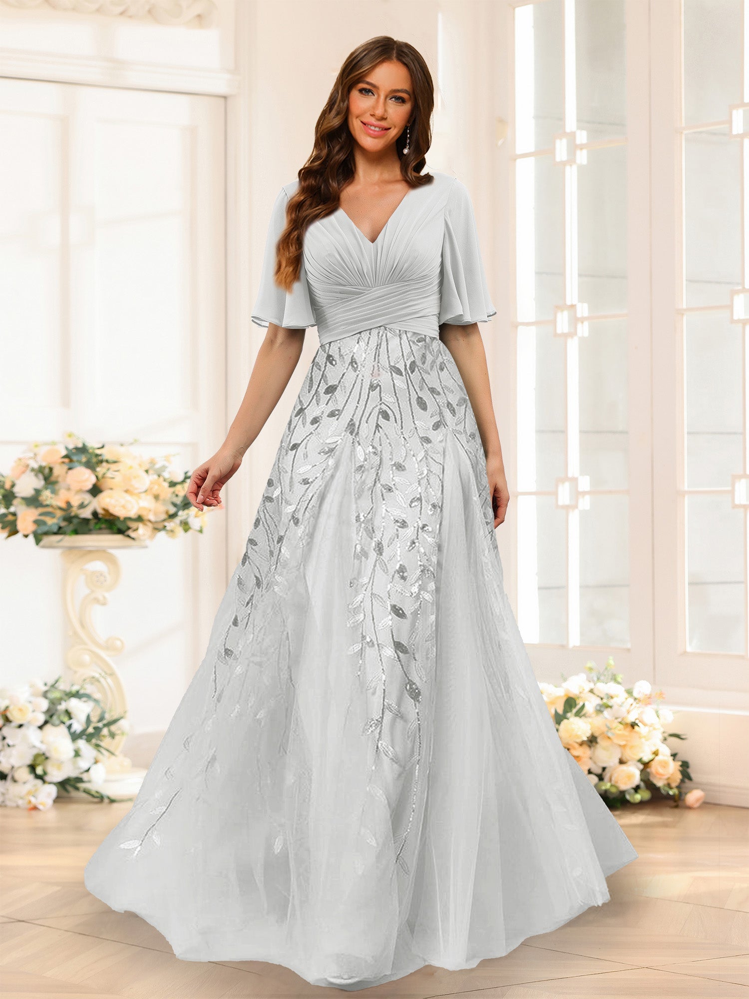 A-Line V-Neck Half Sleeves Split Side Chiffon Bridesmaid Dresses With Appliques Off White