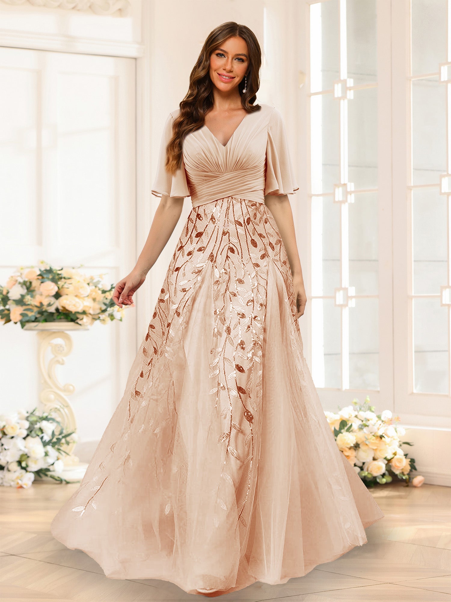 A-Line V-Neck Half Sleeves Split Side Chiffon Bridesmaid Dresses With Appliques Peach Pink