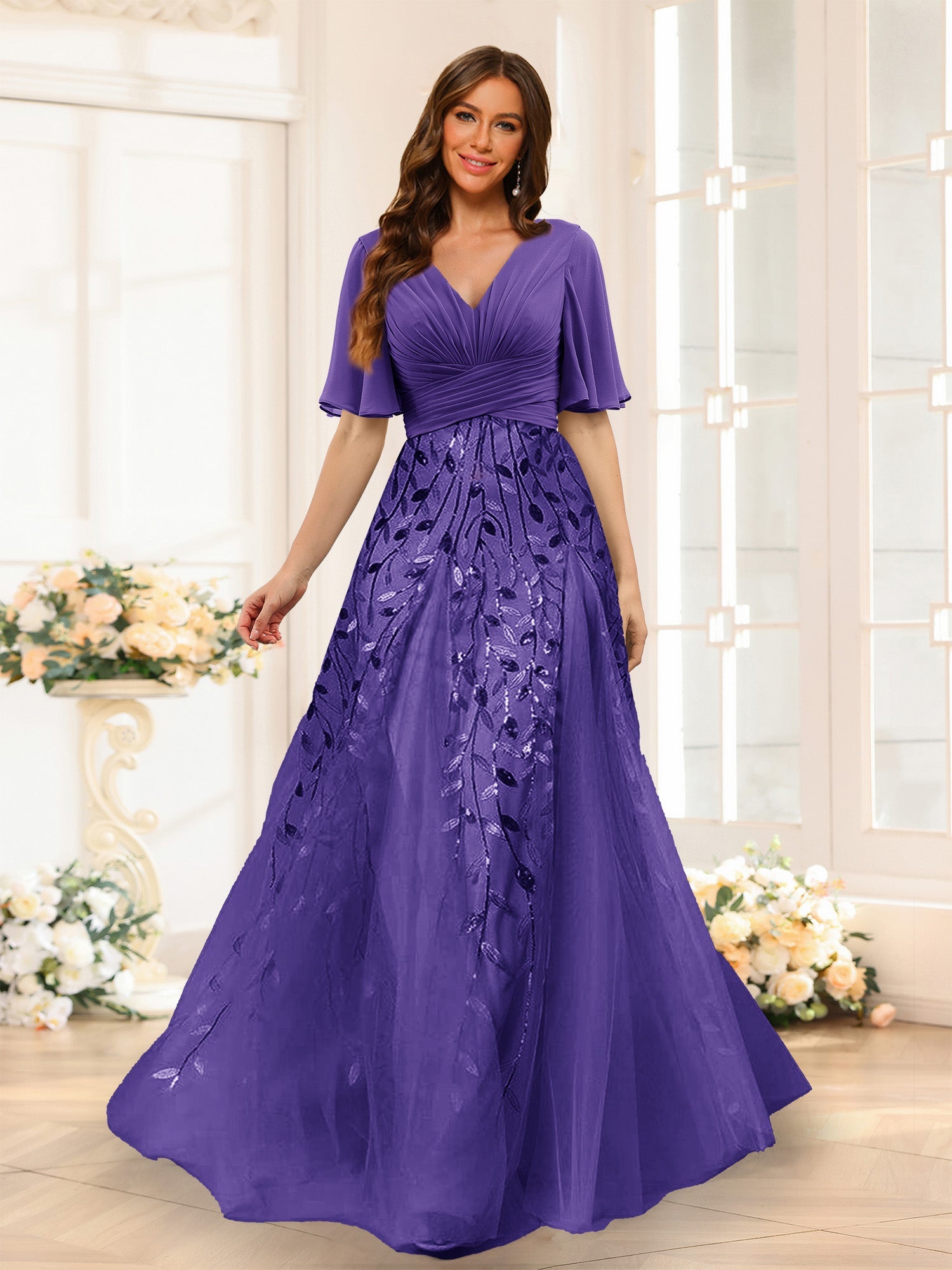 A-Line V-Neck Half Sleeves Split Side Chiffon Bridesmaid Dresses With Appliques Purple