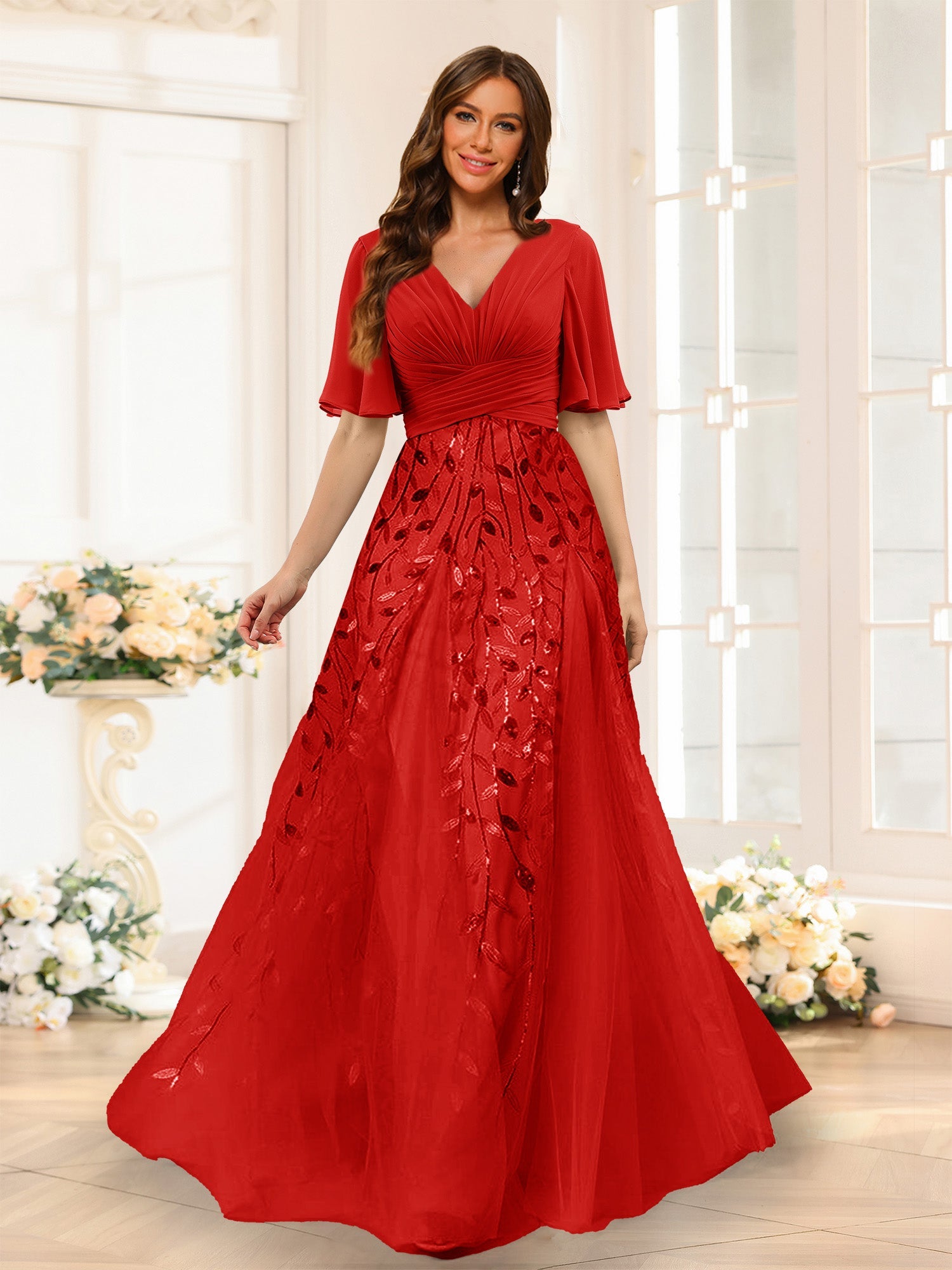 A-Line V-Neck Half Sleeves Split Side Chiffon Bridesmaid Dresses With Appliques Red