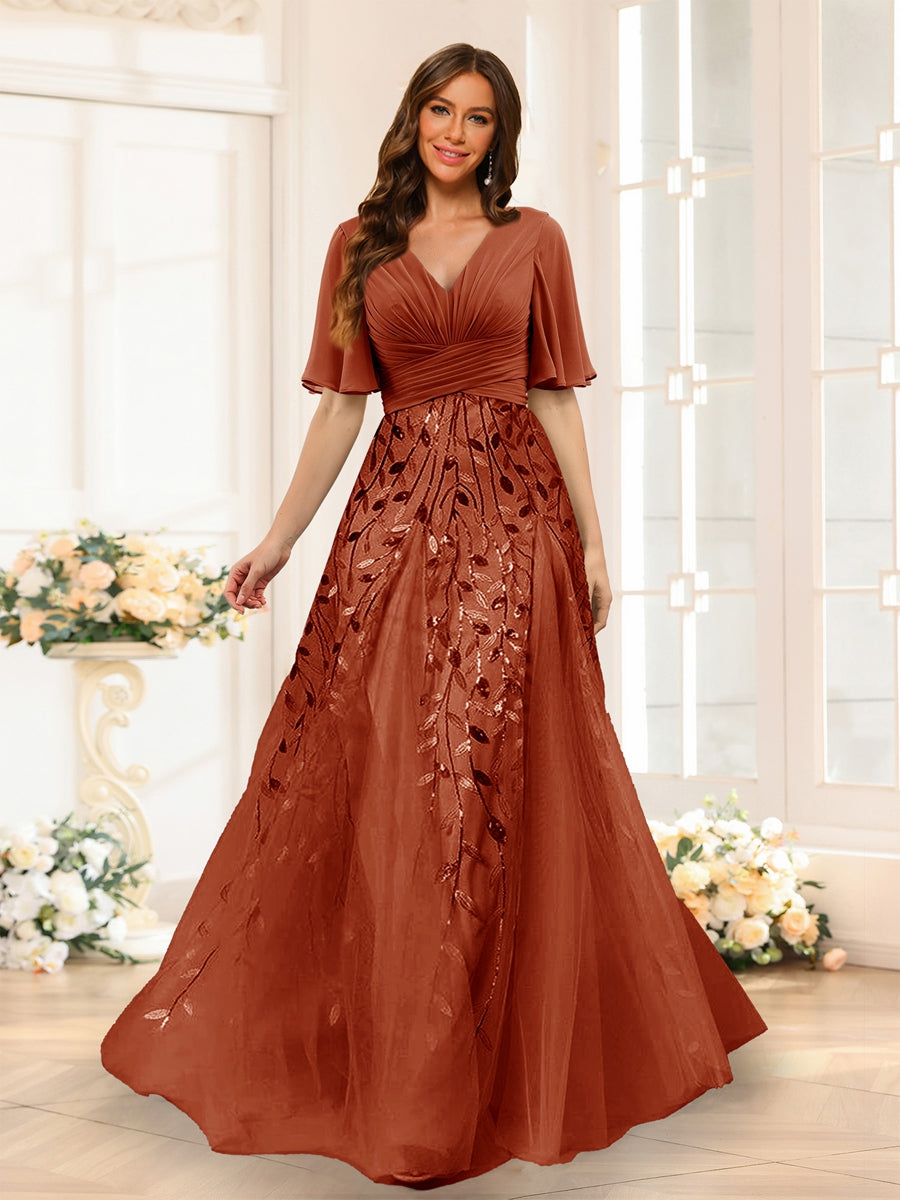 A-Line V-Neck Half Sleeves Split Side Chiffon Bridesmaid Dresses With Appliques Rust