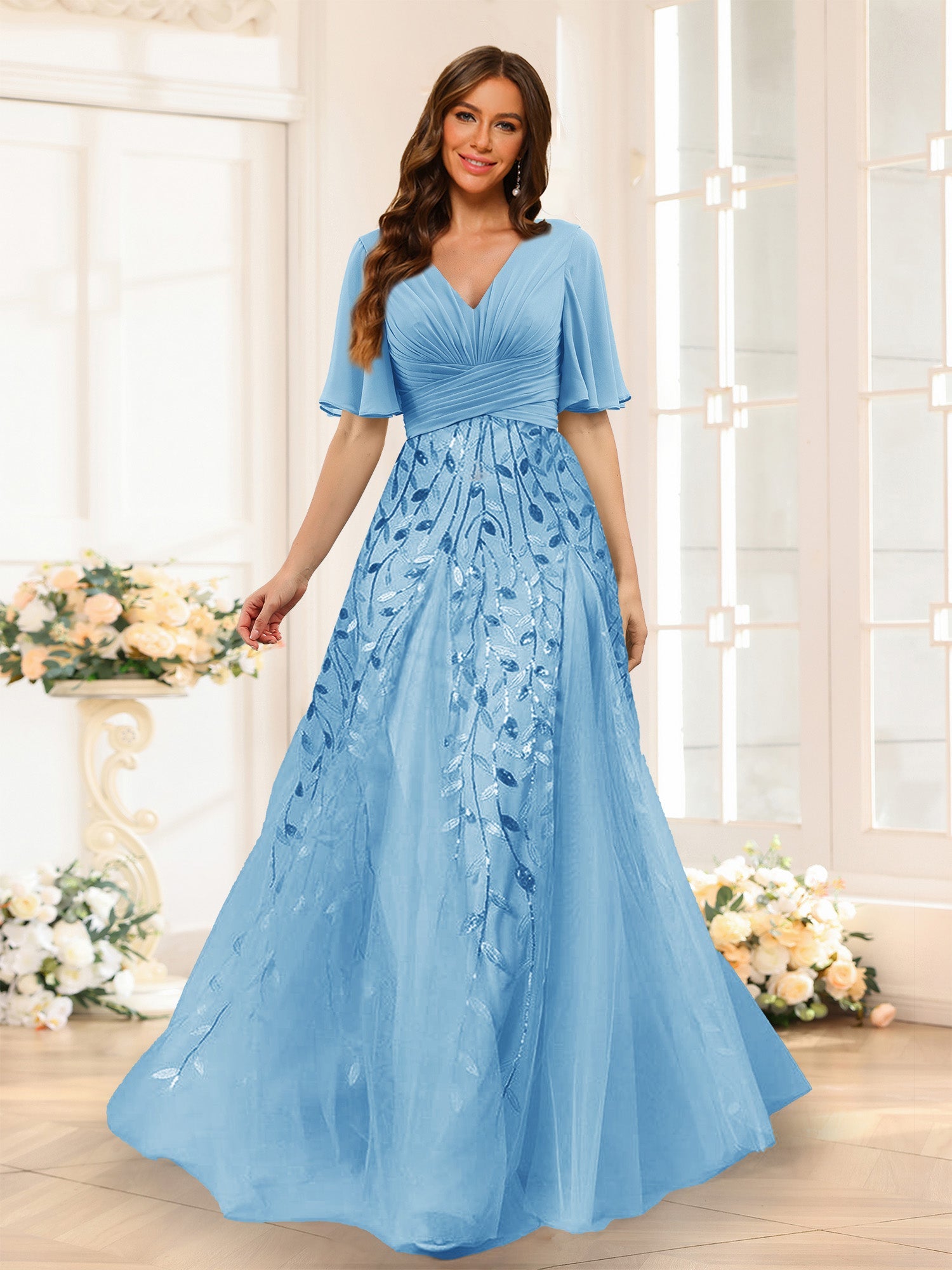 A-Line V-Neck Half Sleeves Split Side Chiffon Bridesmaid Dresses With Appliques Sky Blue
