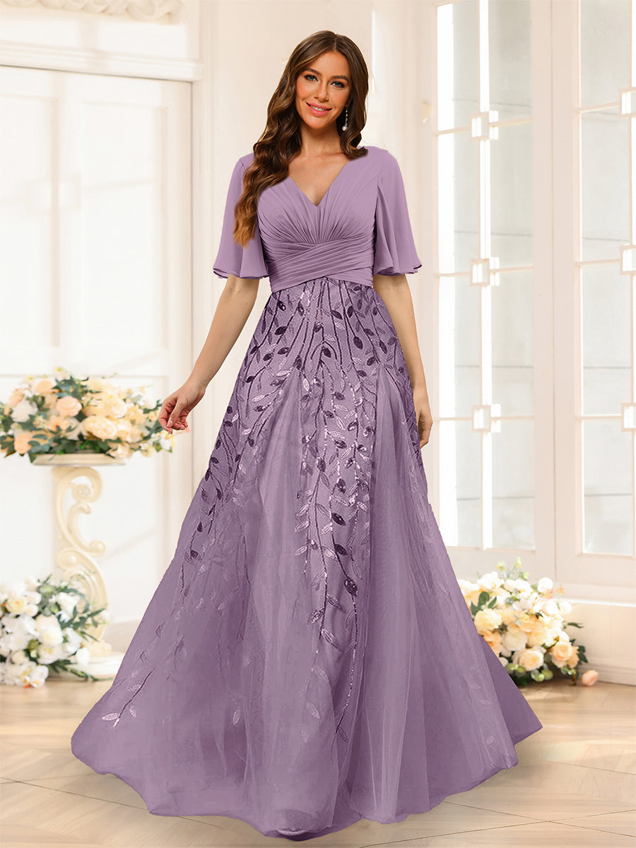 A-Line V-Neck Half Sleeves Split Side Chiffon Bridesmaid Dresses With Appliques Wisteria