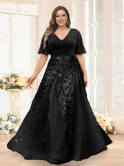 A-Line V-Neck Half Sleeves Split Side Chiffon Plus Size Bridesmaid Dresses With Appliques Black
