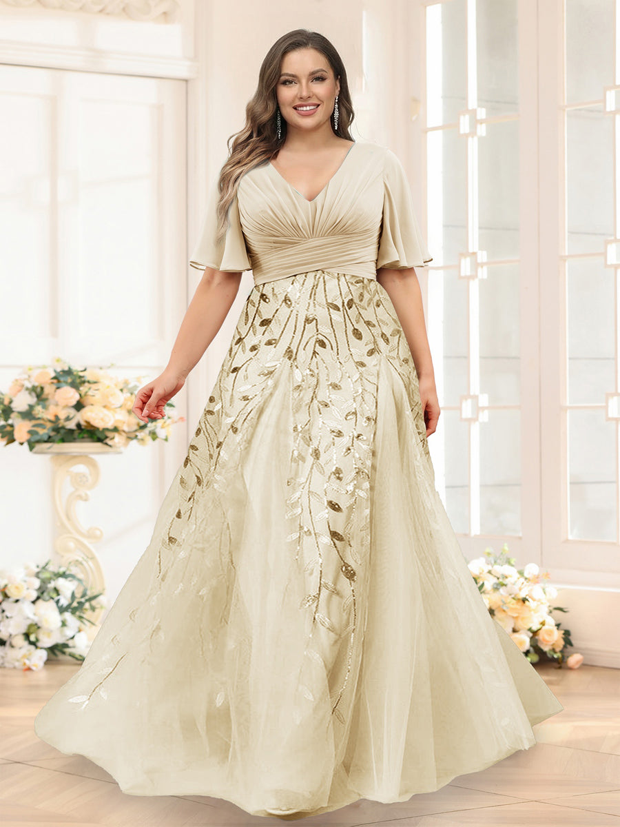 A-Line V-Neck Half Sleeves Split Side Chiffon Plus Size Bridesmaid Dresses With Appliques Champagne