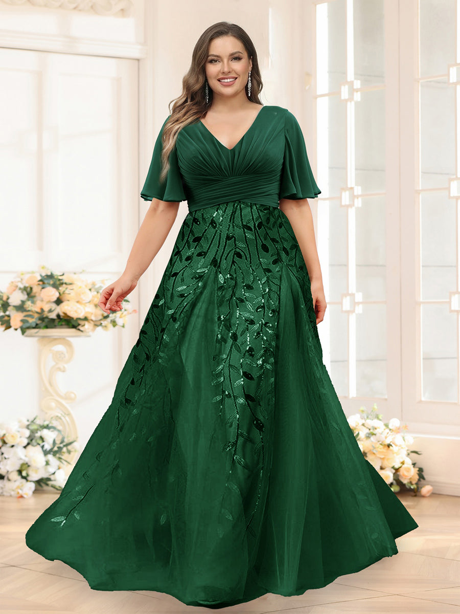 A-Line V-Neck Half Sleeves Split Side Chiffon Plus Size Bridesmaid Dresses With Appliques Dark Green