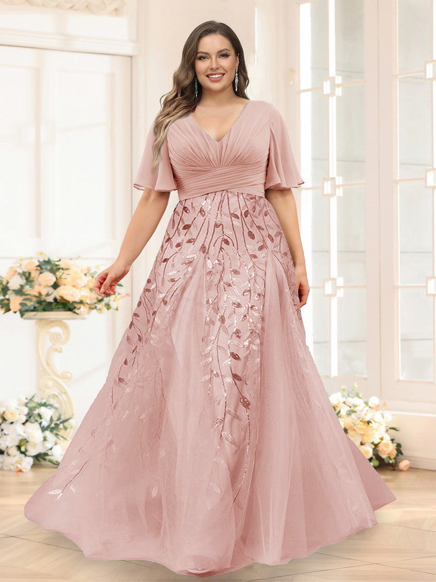 A-Line V-Neck Half Sleeves Split Side Chiffon Plus Size Bridesmaid Dresses With Appliques Dusty Rose