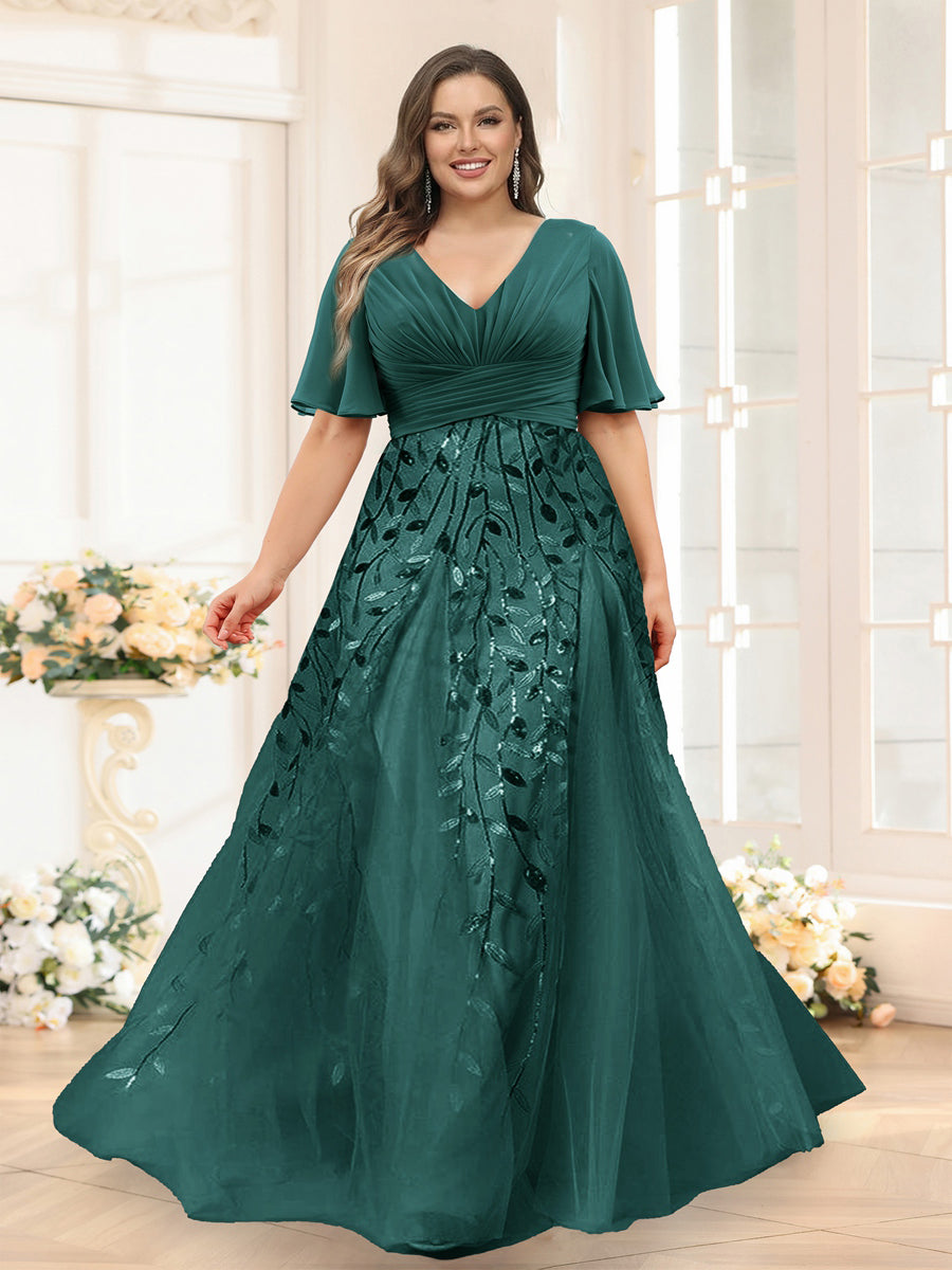 A-Line V-Neck Half Sleeves Split Side Chiffon Plus Size Bridesmaid Dresses With Appliques Hunter Green