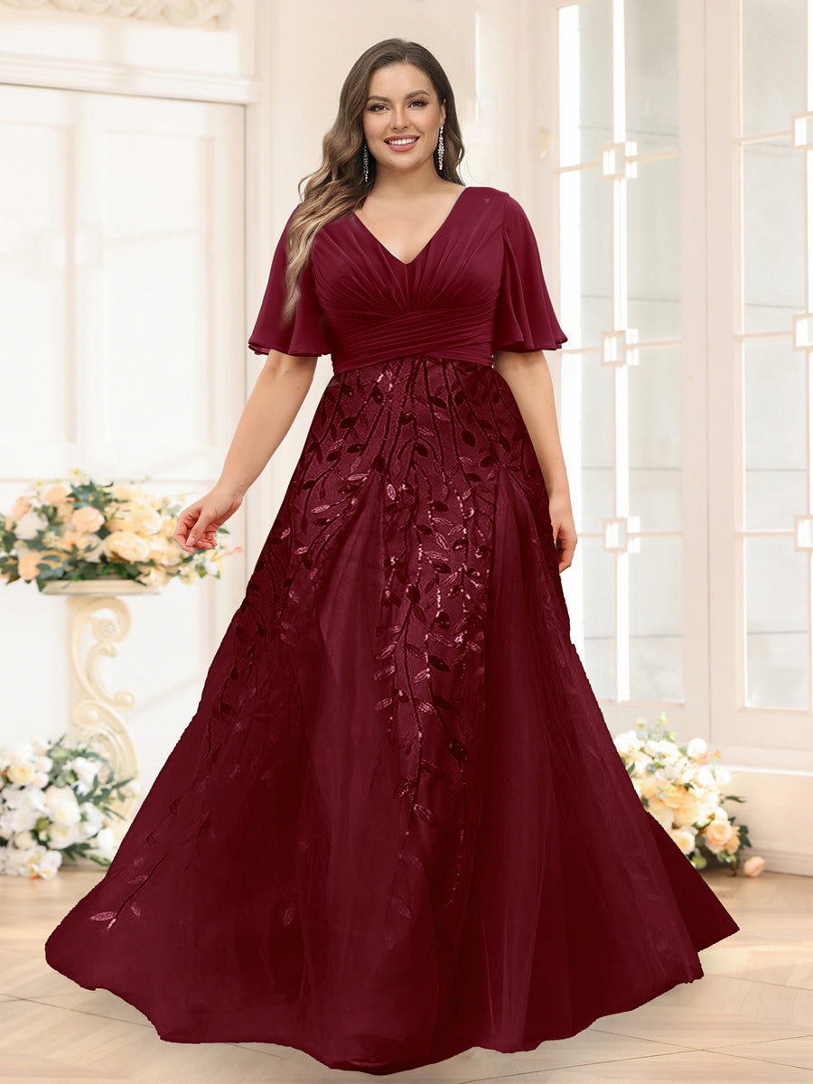 A-Line V-Neck Half Sleeves Split Side Chiffon Plus Size Bridesmaid Dresses With Appliques Light Burgundy