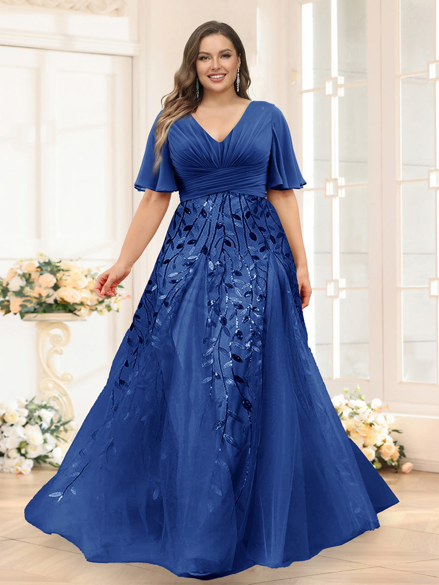 A-Line V-Neck Half Sleeves Split Side Chiffon Plus Size Bridesmaid Dresses With Appliques Light Royal Blue