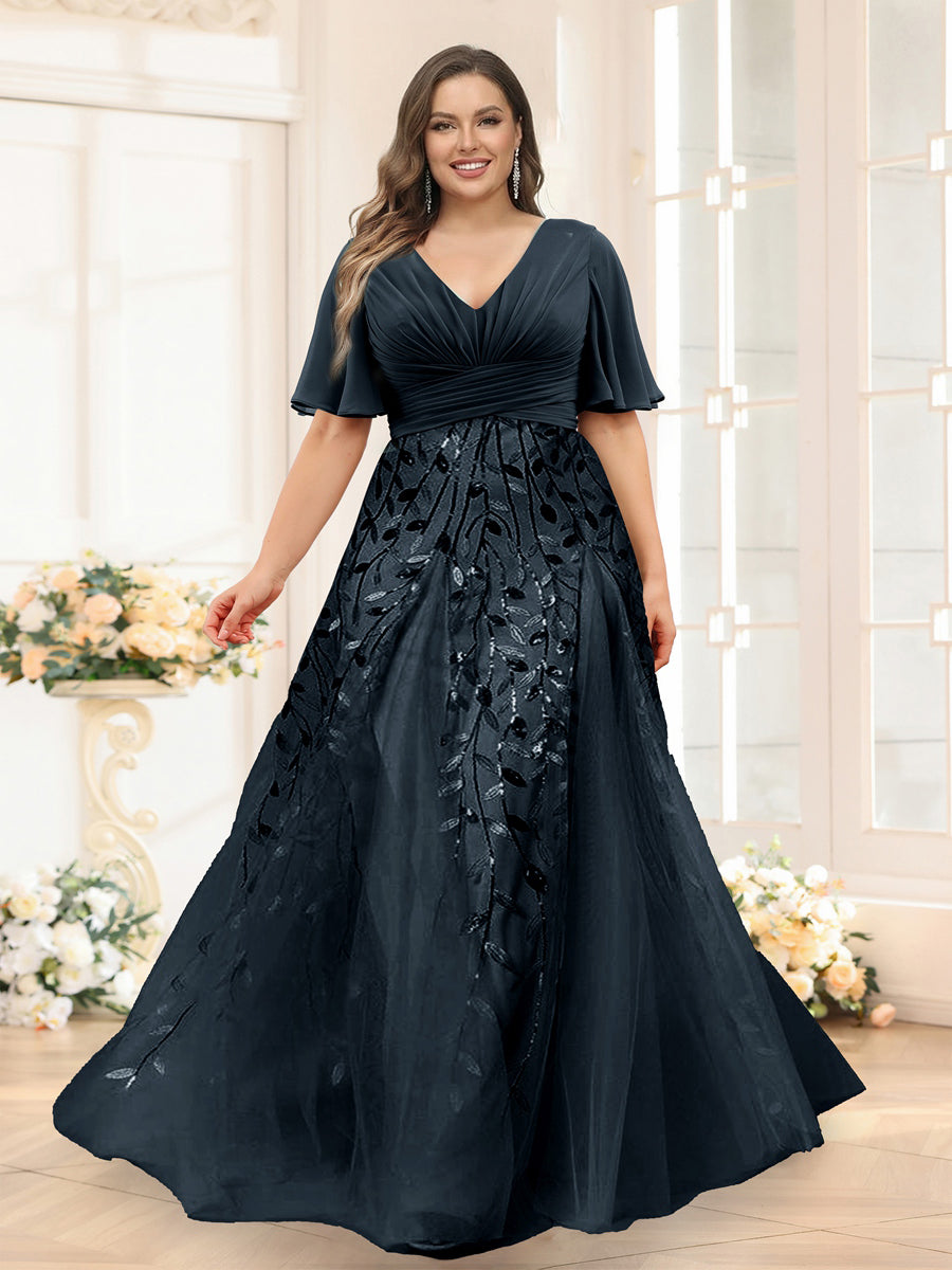 A-Line V-Neck Half Sleeves Split Side Chiffon Plus Size Bridesmaid Dresses With Appliques Navy Blue