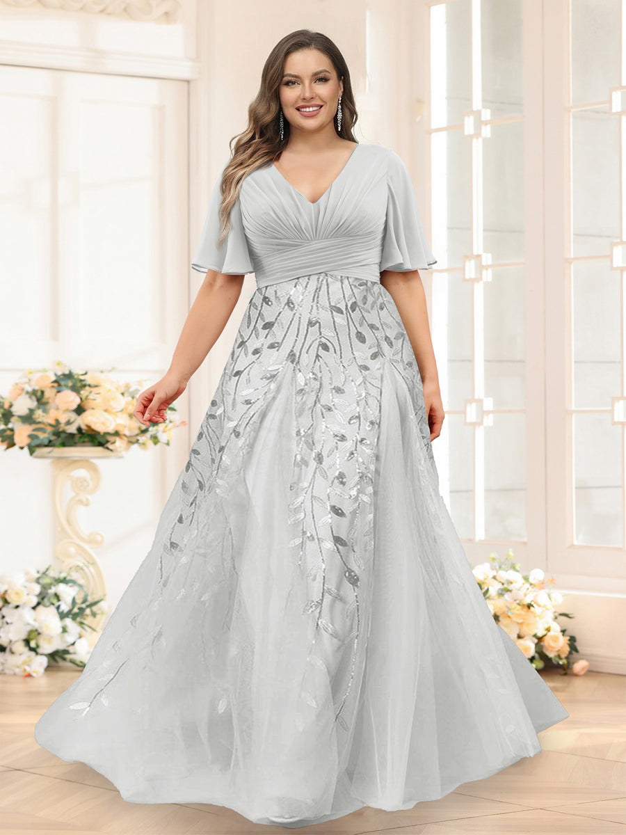 A-Line V-Neck Half Sleeves Split Side Chiffon Plus Size Bridesmaid Dresses With Appliques Off White