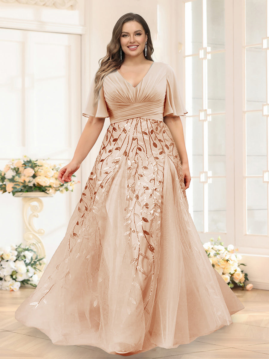 A-Line V-Neck Half Sleeves Split Side Chiffon Plus Size Bridesmaid Dresses With Appliques Peach Pink