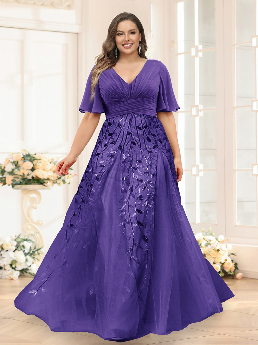 A-Line V-Neck Half Sleeves Split Side Chiffon Plus Size Bridesmaid Dresses With Appliques Purple