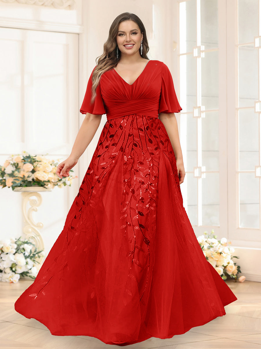 A-Line V-Neck Half Sleeves Split Side Chiffon Plus Size Bridesmaid Dresses With Appliques Red