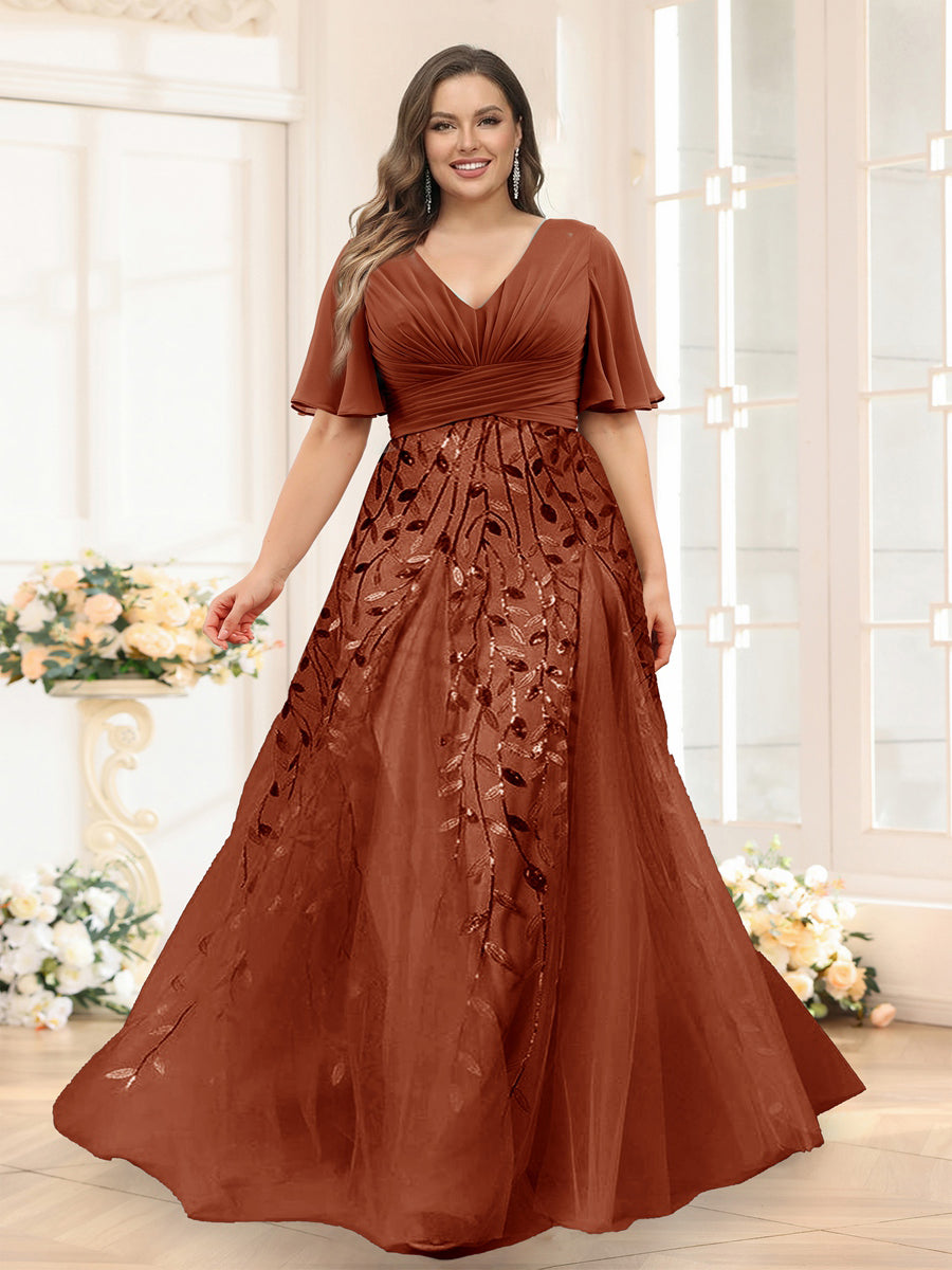 A-Line V-Neck Half Sleeves Split Side Chiffon Plus Size Bridesmaid Dresses With Appliques Rust