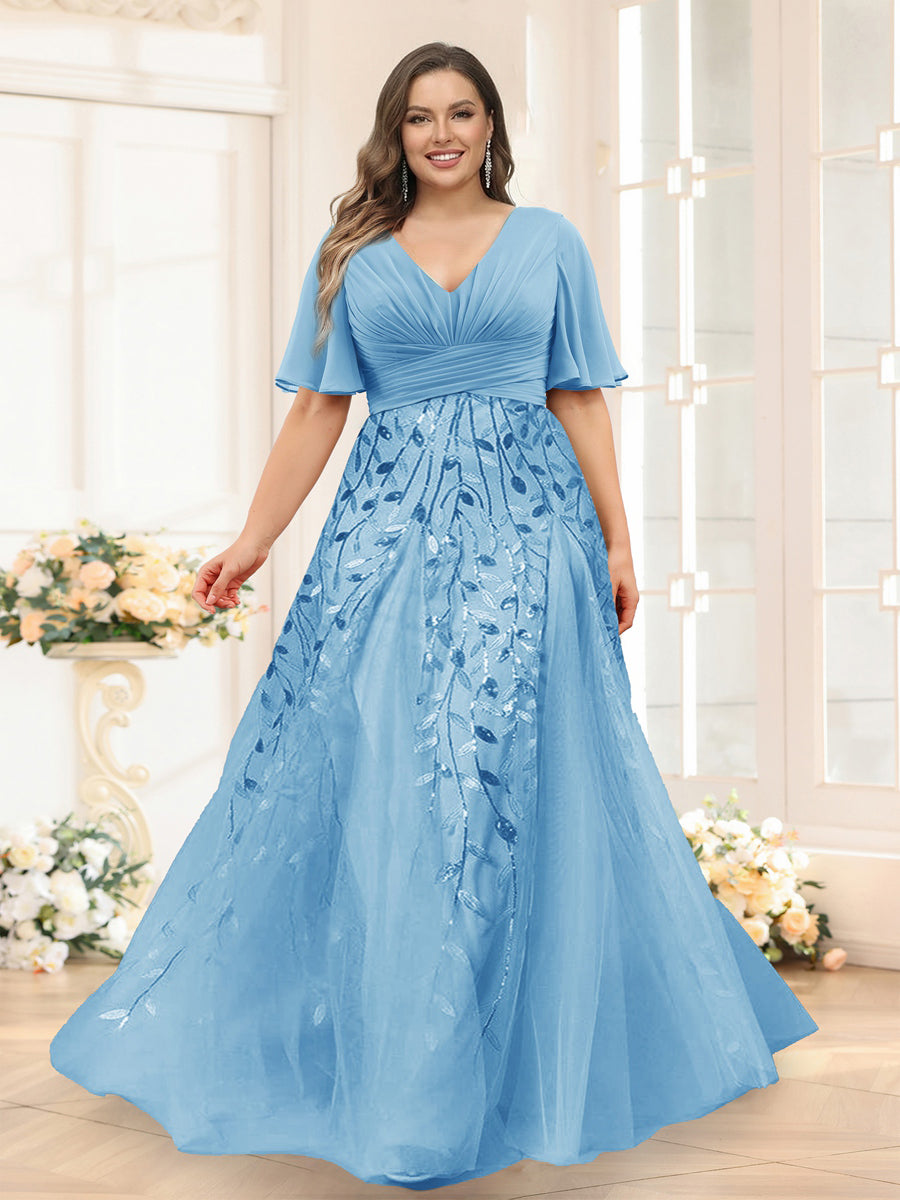 A-Line V-Neck Half Sleeves Split Side Chiffon Plus Size Bridesmaid Dresses With Appliques Sky Blue
