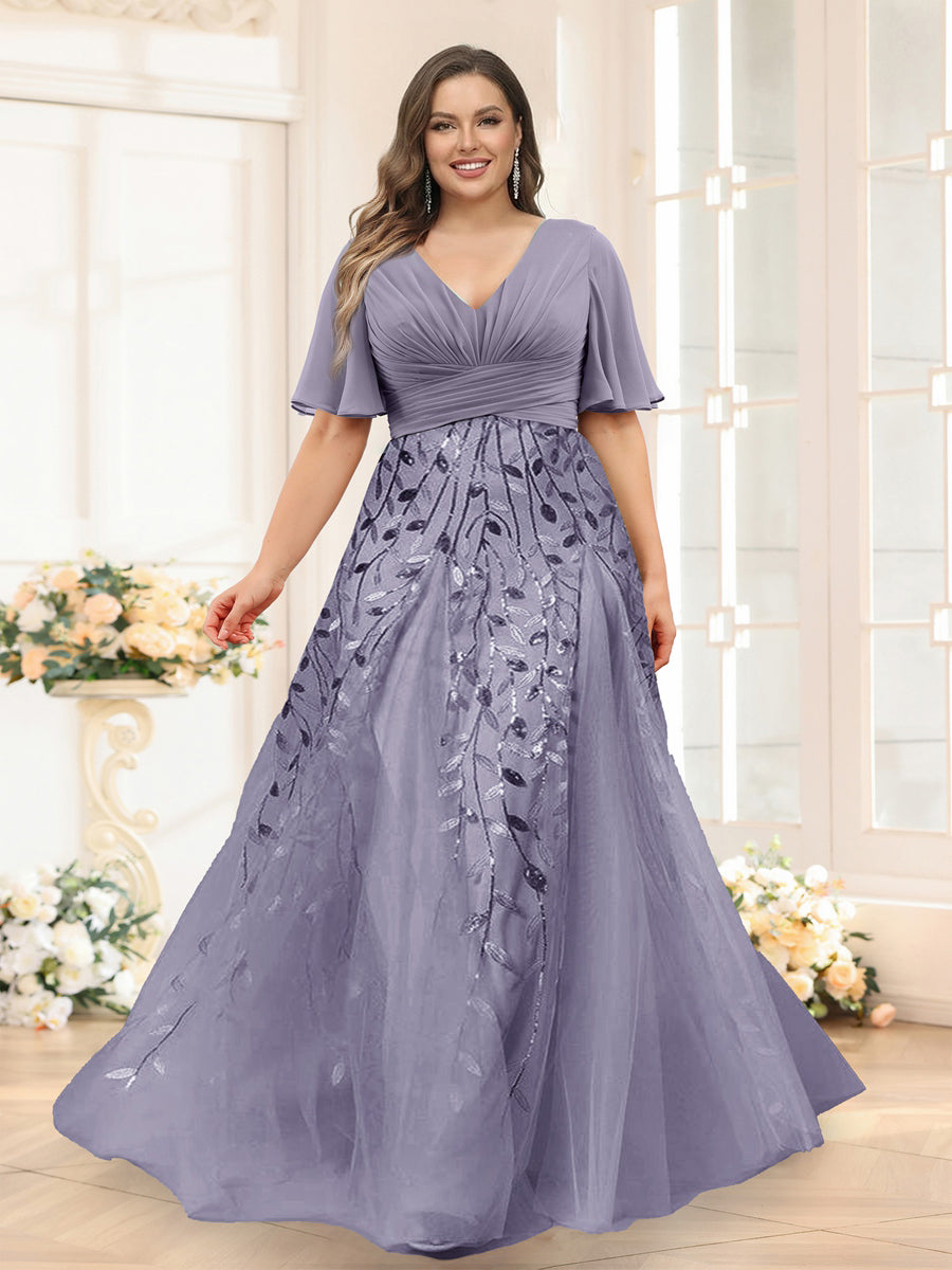 A-Line V-Neck Half Sleeves Split Side Chiffon Plus Size Bridesmaid Dresses With Appliques Wisteria